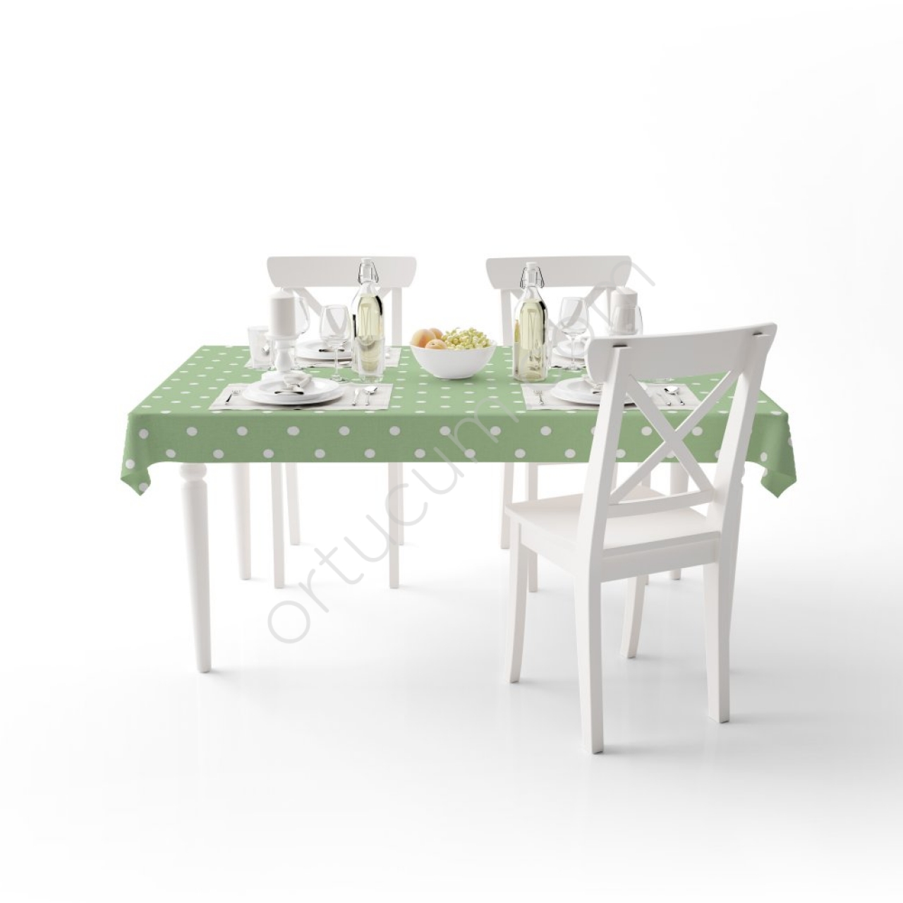 Fıstık Yeşil Beyaz Puantiyeli Puanlı Astarlı Pvc Muşamba Dikdörtgen Kare Yuvarlak Oval Masa Örtüsü