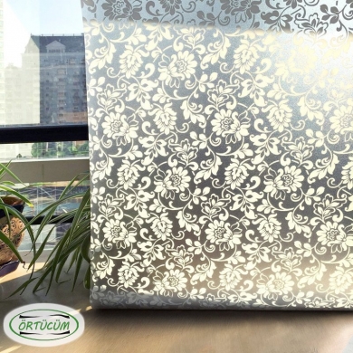 Statik Cam Filmi Yapışkansız Kendinden Yapışkanlı Vitray Beyaz Çiçek Desenli